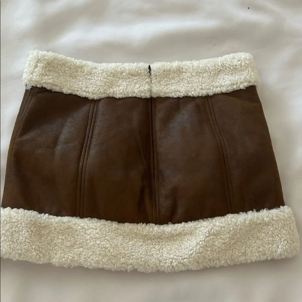 Lovers + Friends Brown Faux Leather Mini Skirt with Cream Sherpa Trim size small